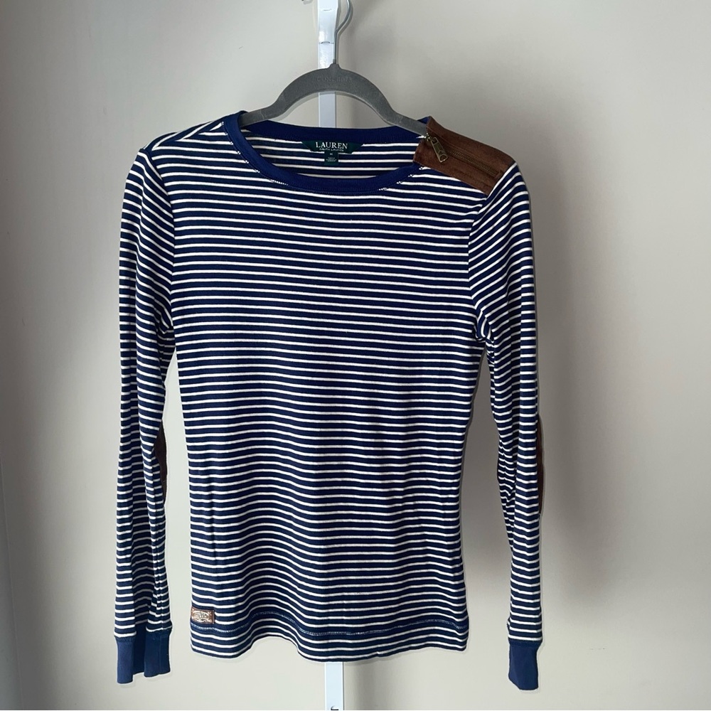 Lauren Ralph Lauren Navy White Striped Long Sleeve Top Suede Elbow Patches M